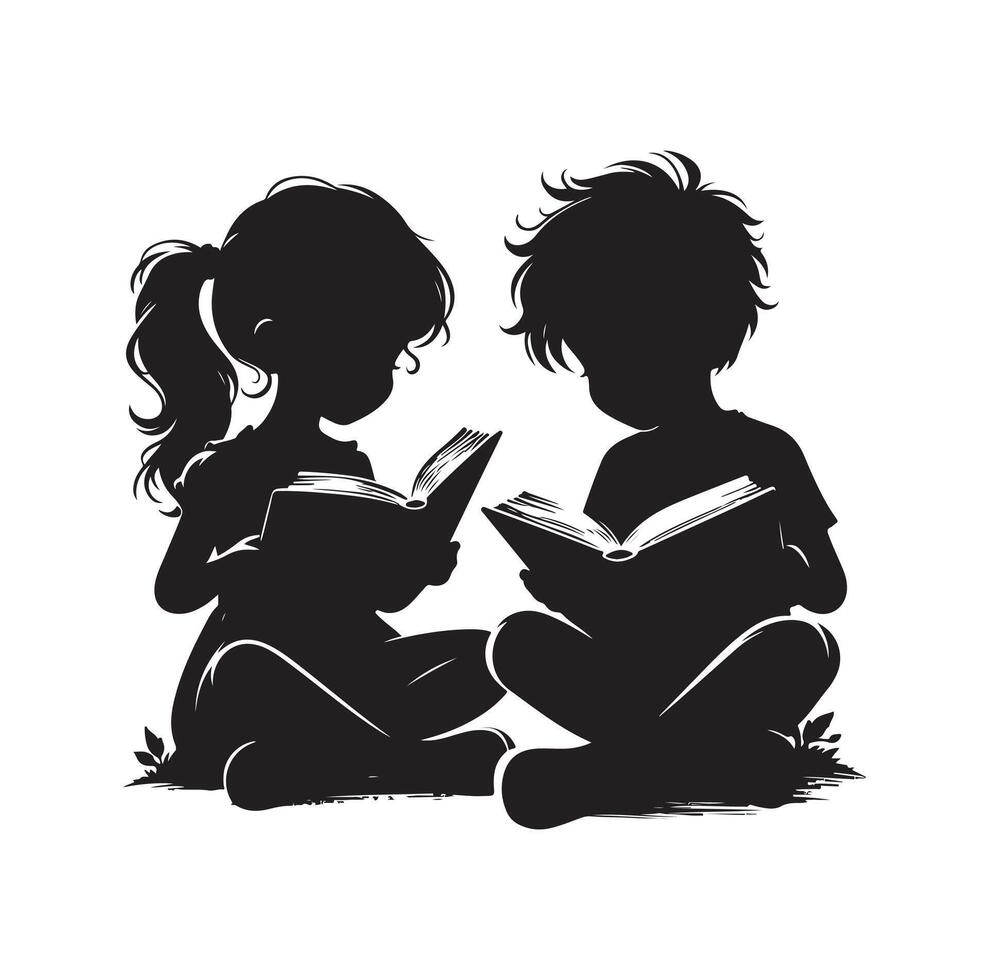 boy and girl reading book silhouette illustration collection vector