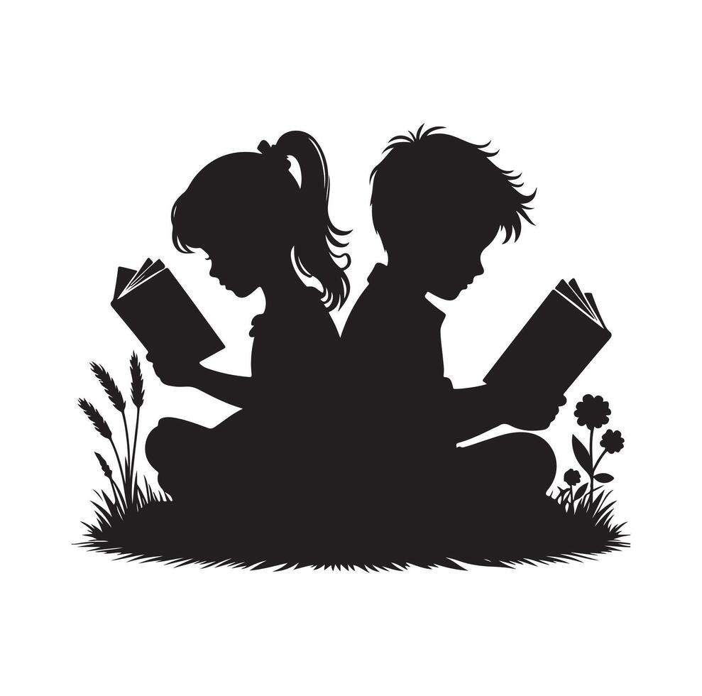 boy and girl reading book silhouette illustration collection vector