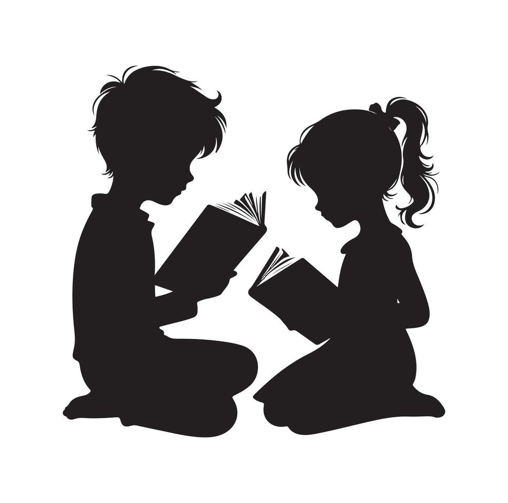 boy and girl reading book silhouette illustration collection vector