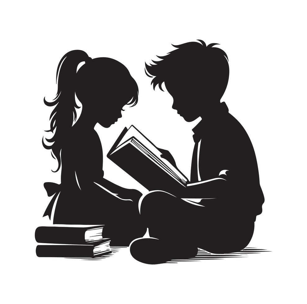 boy and girl reading book silhouette illustration collection vector
