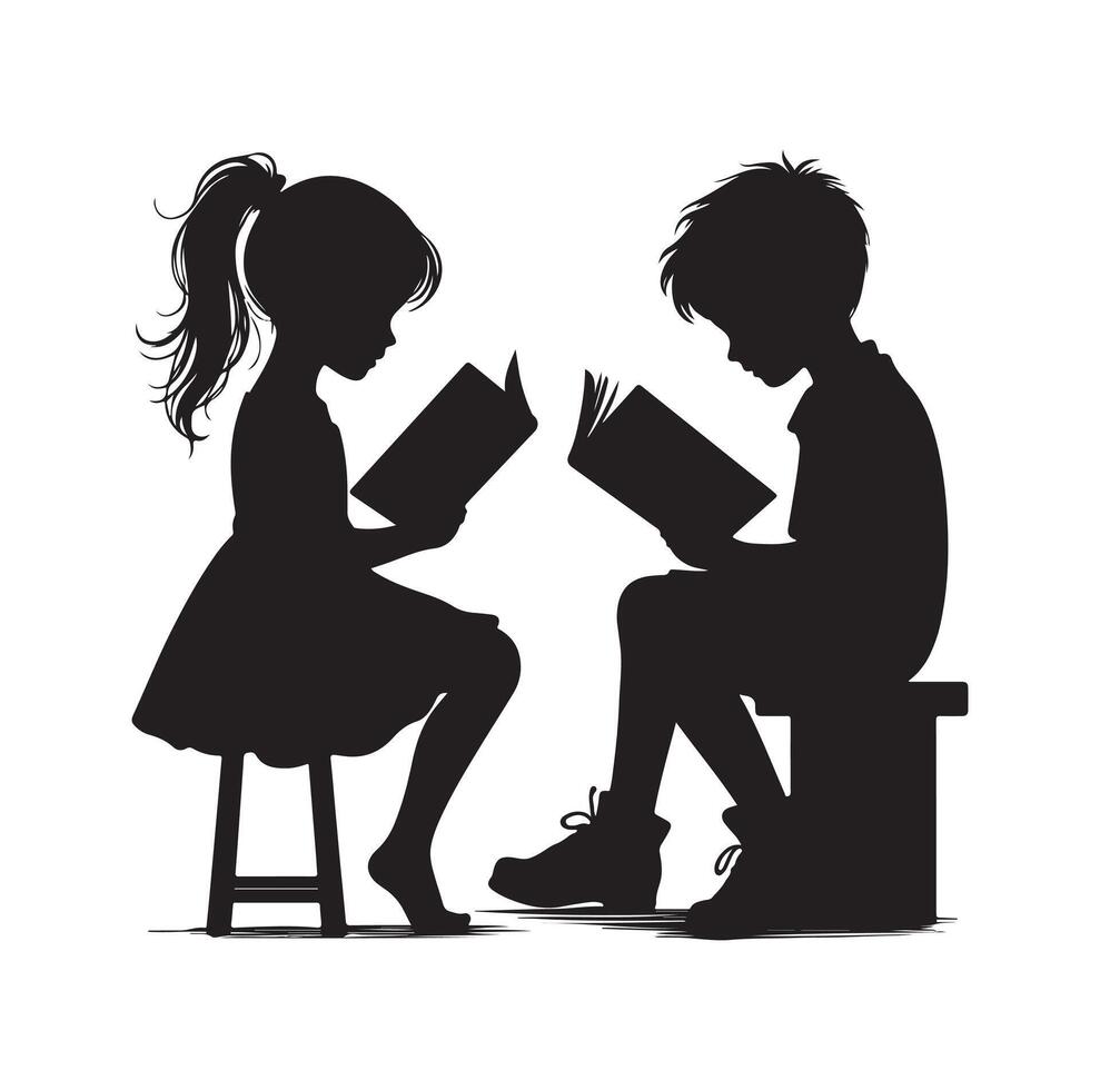 boy and girl reading book silhouette illustration collection vector