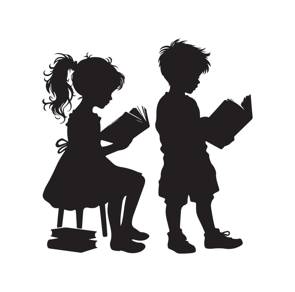 boy and girl reading book silhouette illustration collection vector