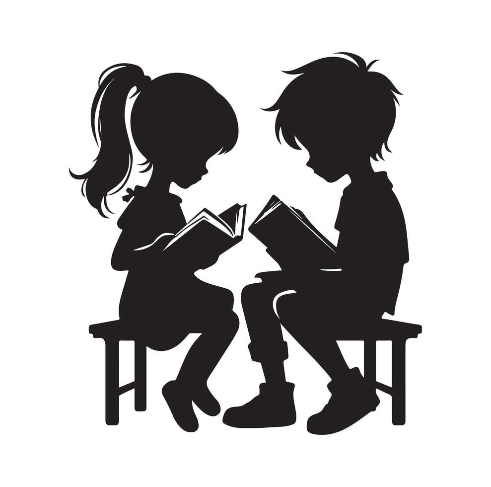 boy and girl reading book silhouette illustration collection vector