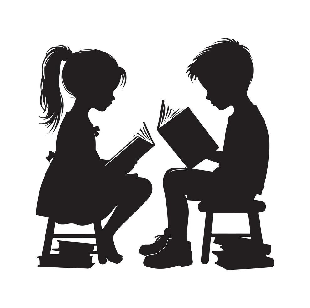 boy and girl reading book silhouette illustration collection vector