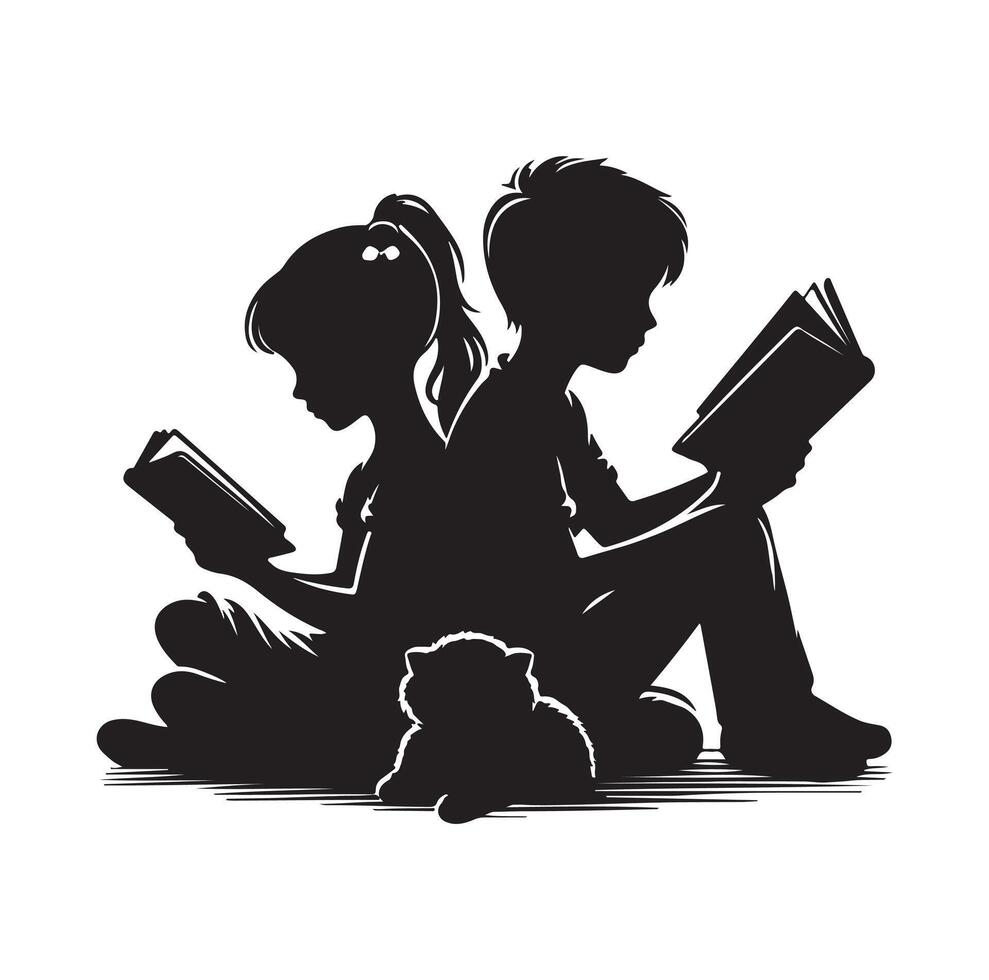 boy and girl reading book silhouette illustration collection vector
