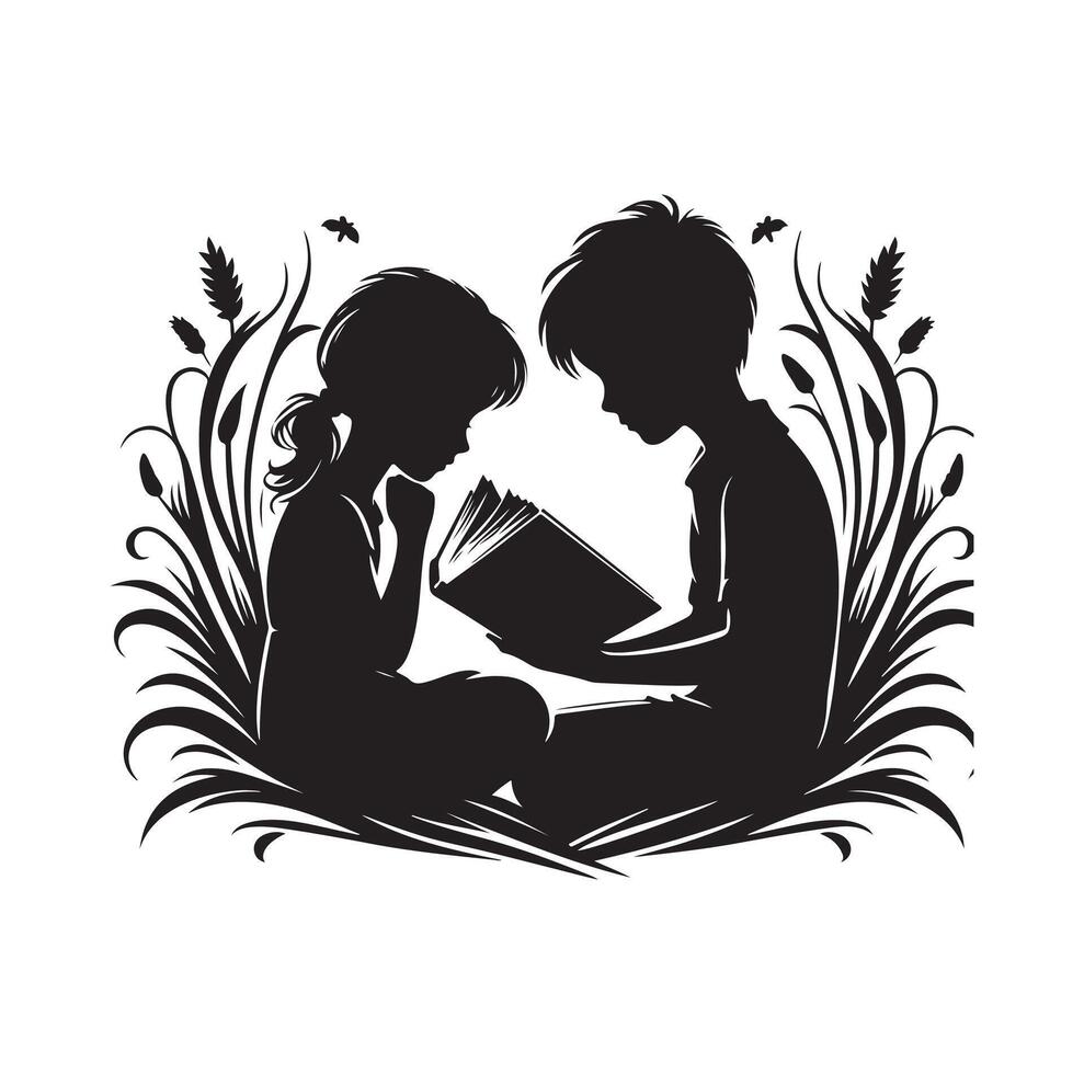 boy and girl reading book silhouette illustration collection vector
