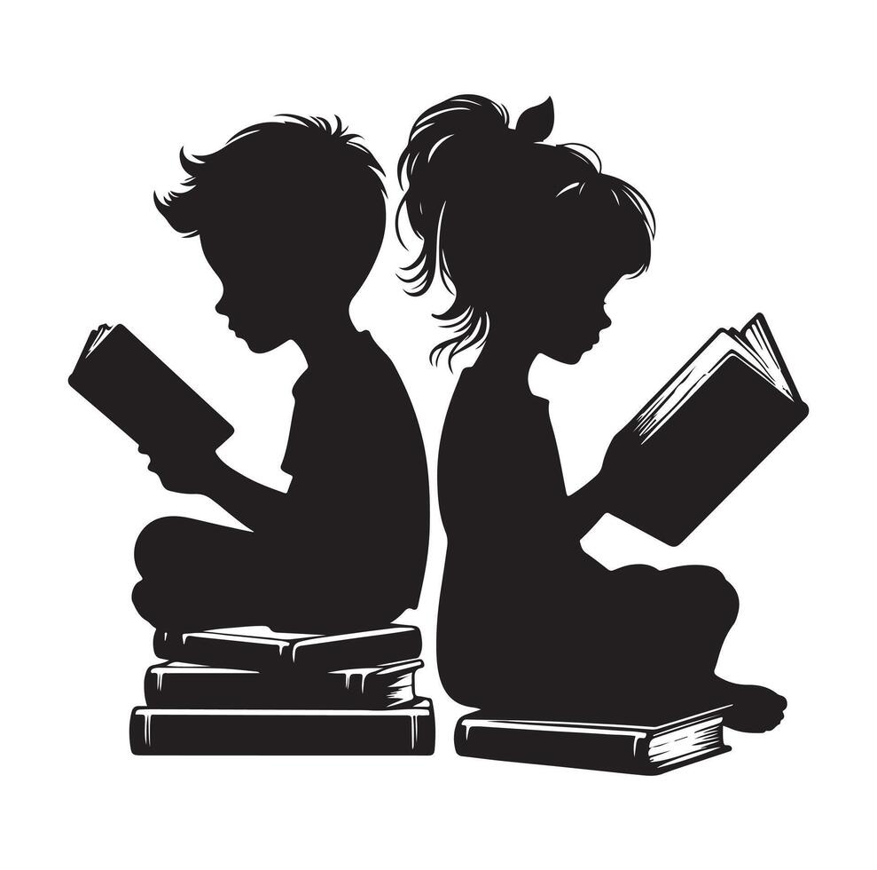 boy and girl reading book silhouette illustration collection vector