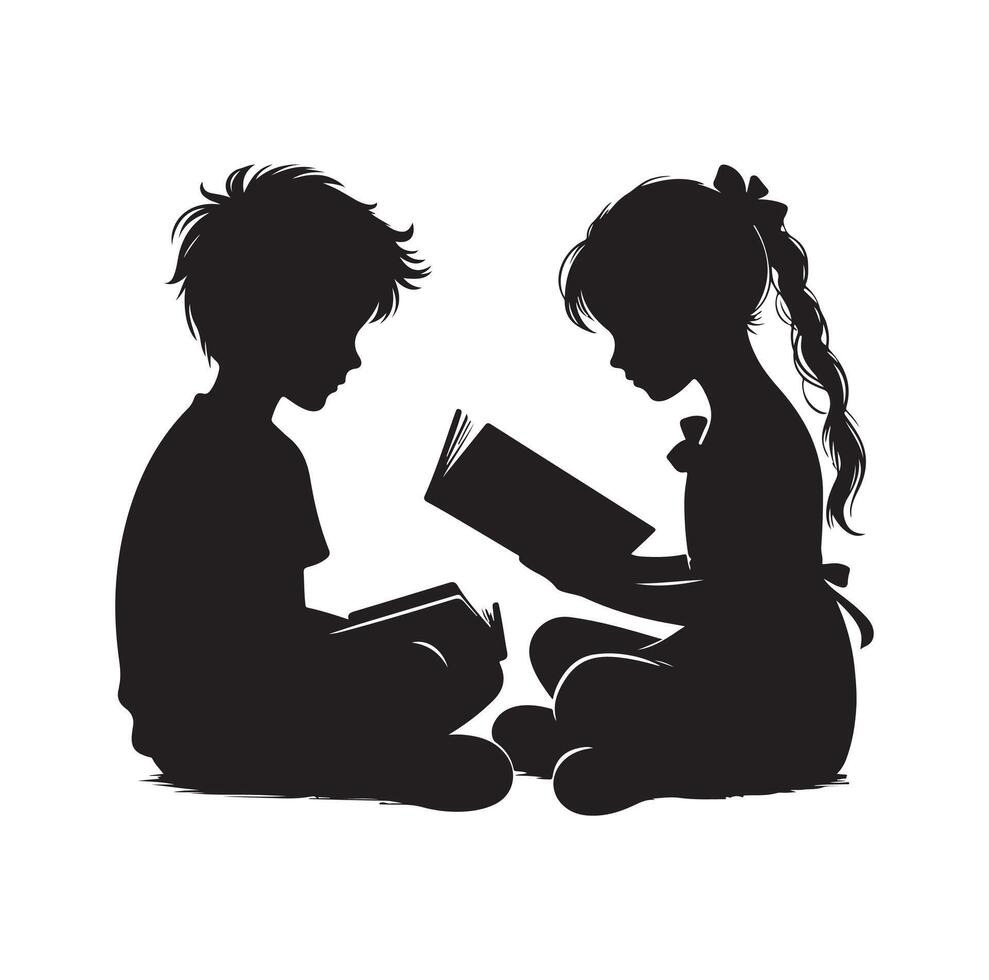 boy and girl reading book silhouette illustration collection vector