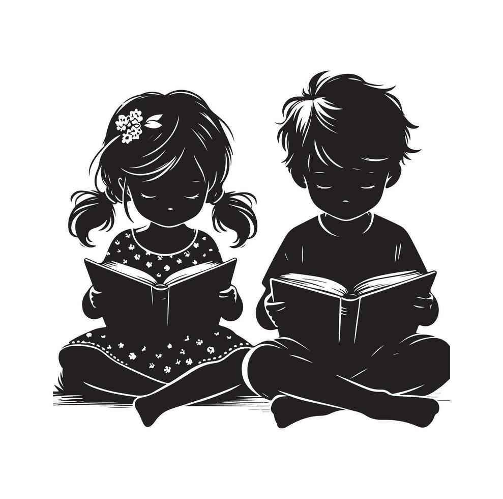 boy and girl reading book silhouette illustration collection vector