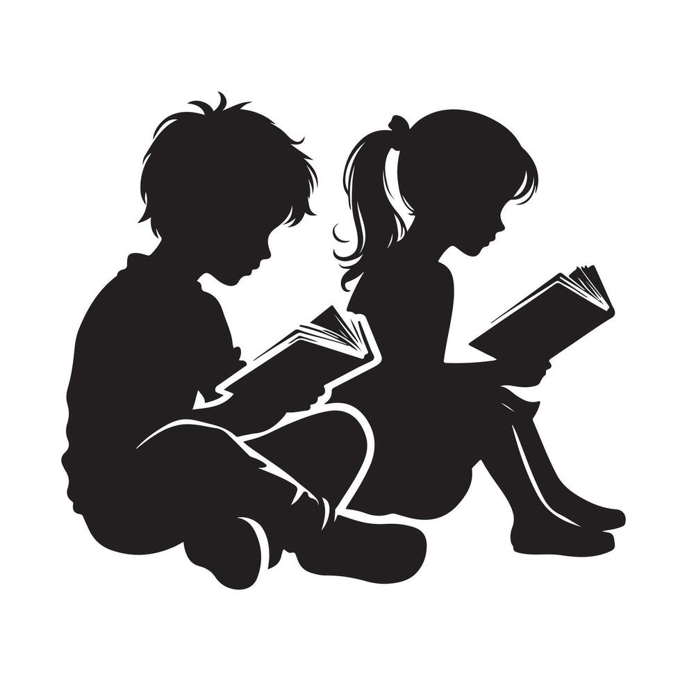 boy and girl reading book silhouette illustration collection vector