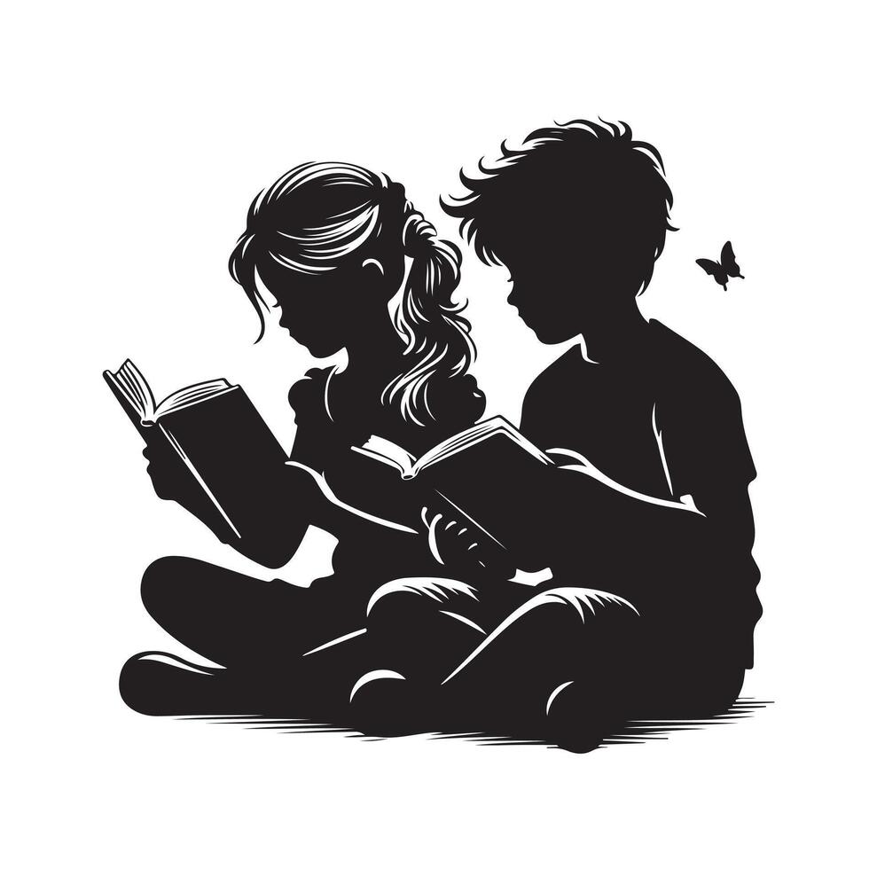 boy and girl reading book silhouette illustration collection vector