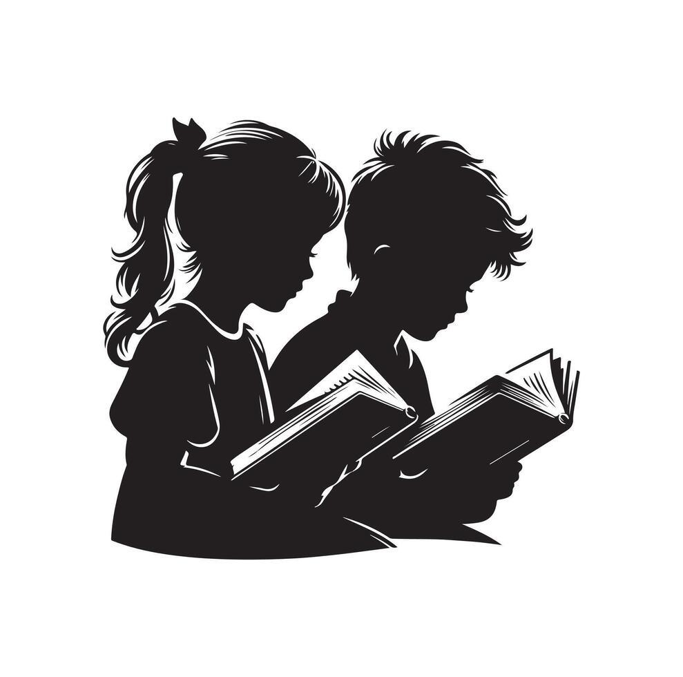 boy and girl reading book silhouette illustration collection vector