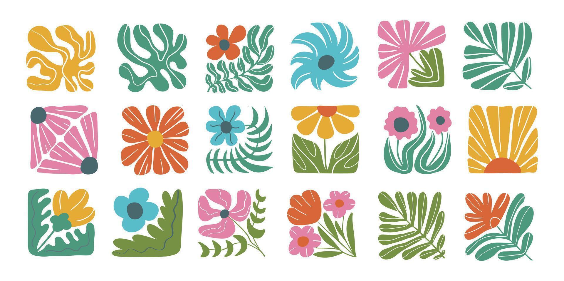 Set of abstract groovy floral botanical square shape. Poster with wavy minimal flower plant in trendy naive retro hippie 60s 70s style. vector