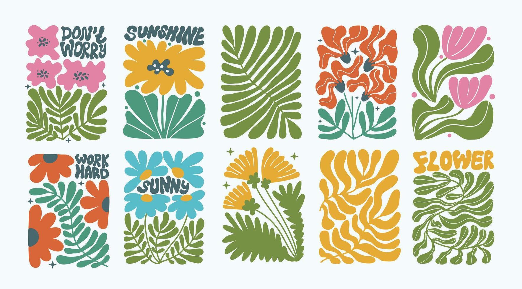Set of groovy abstract floral botanical background. Posters with flowers plant with motivational phrase in trendy naive retro hippie 60s 70s style. vector