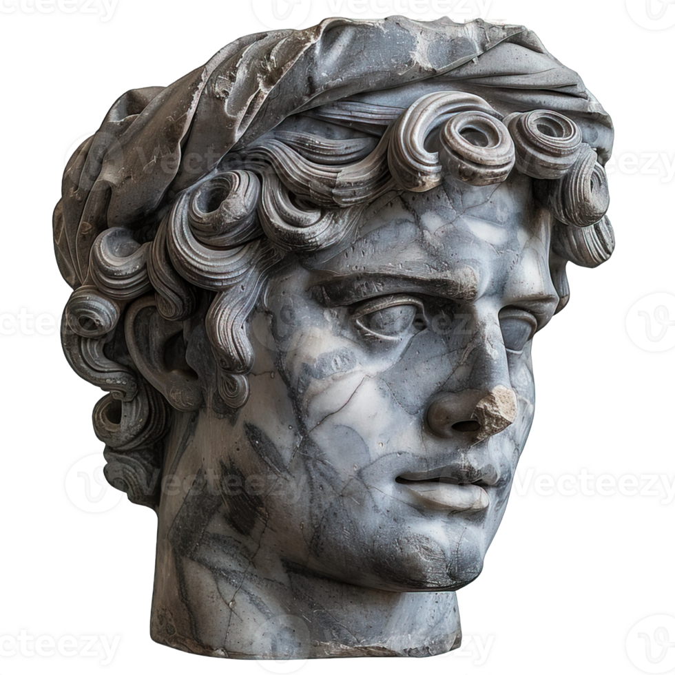 ancient greek man head sculpture isolated on transparent background , png