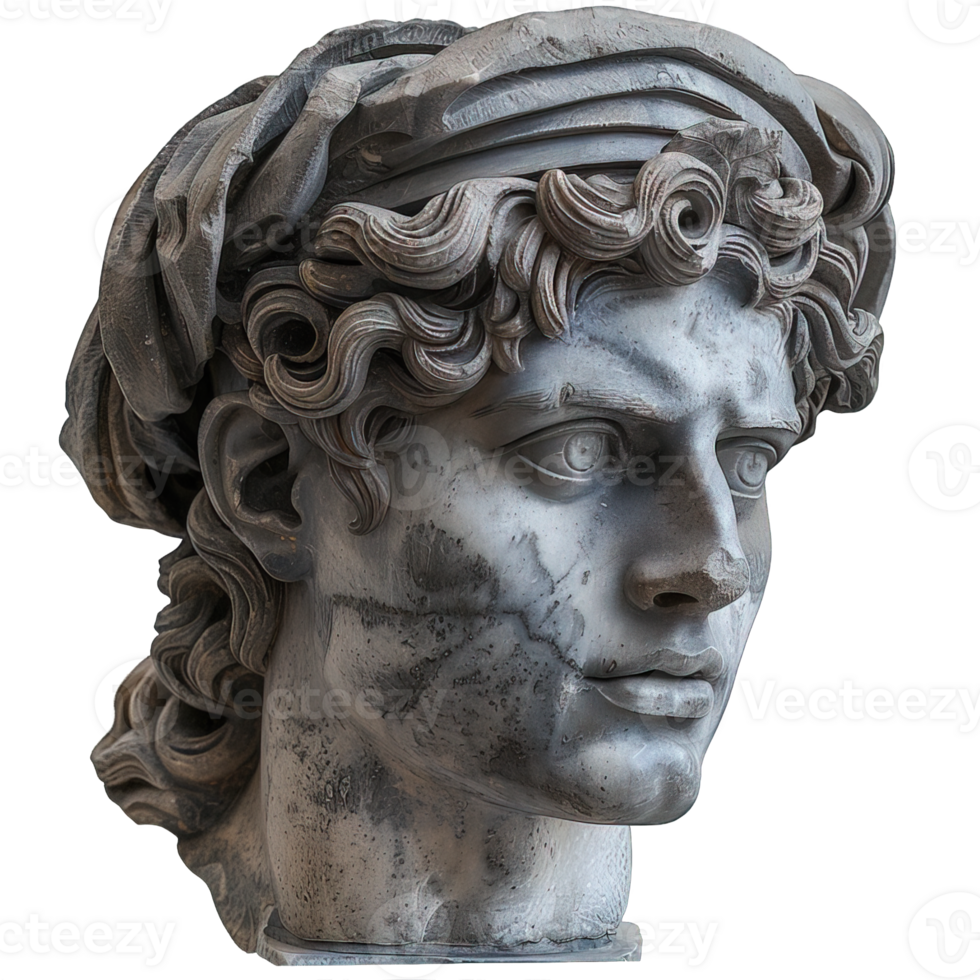 ancient greek man head sculpture isolated on transparent background , png