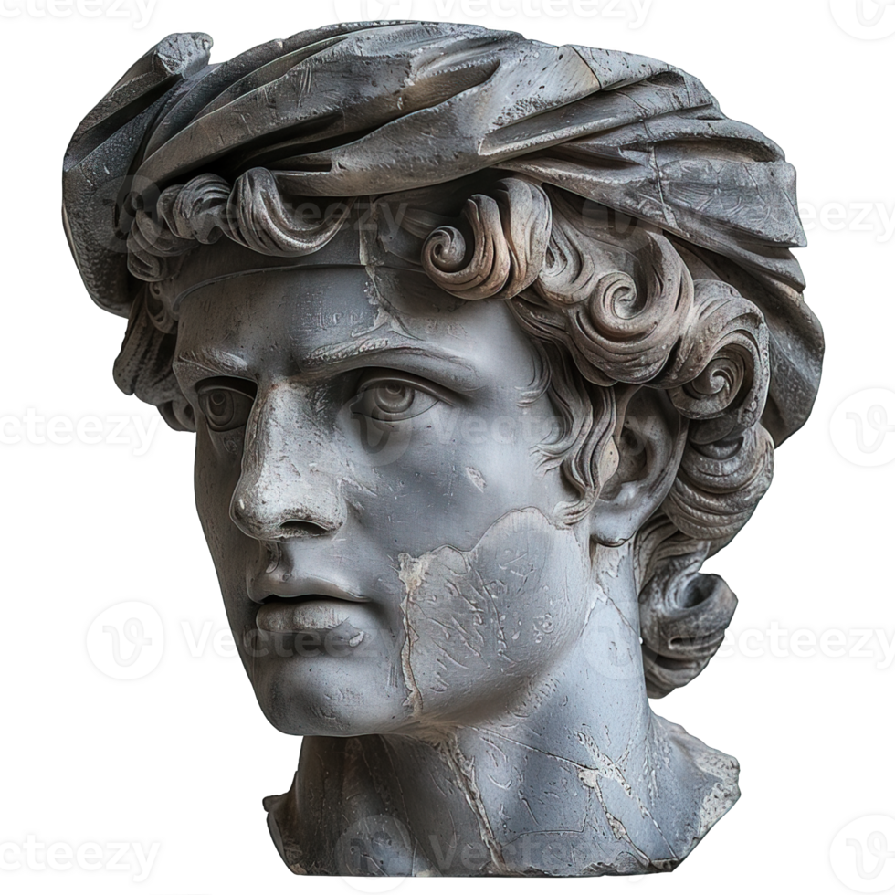 ancient greek man head sculpture isolated on transparent background , png