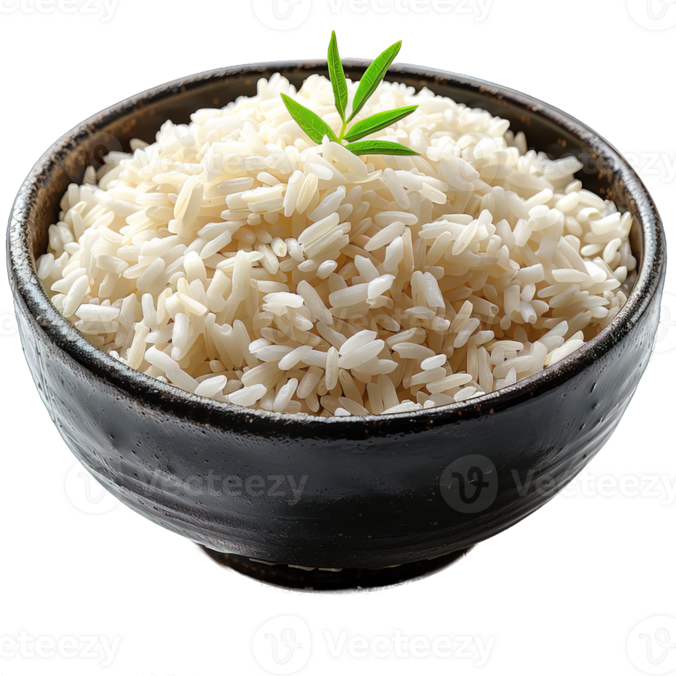 white rice in a black bowl isolated on transparent background , png