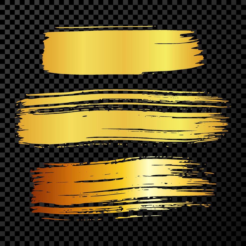 Set of three gold brush strokes. Hand drawn ink spots isolated on dark background. illustration vector