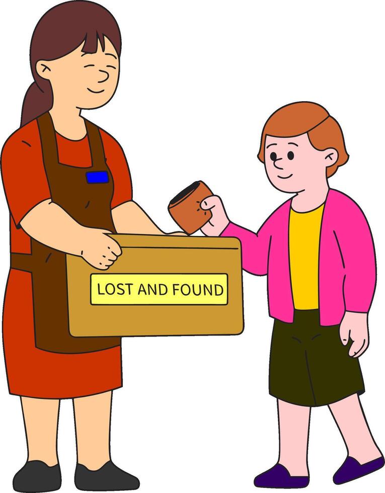a woman handing a box to a girl with a lost and found sign vector