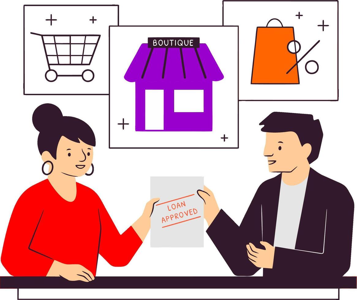 a man and woman are holding a paper with a shopping bag vector
