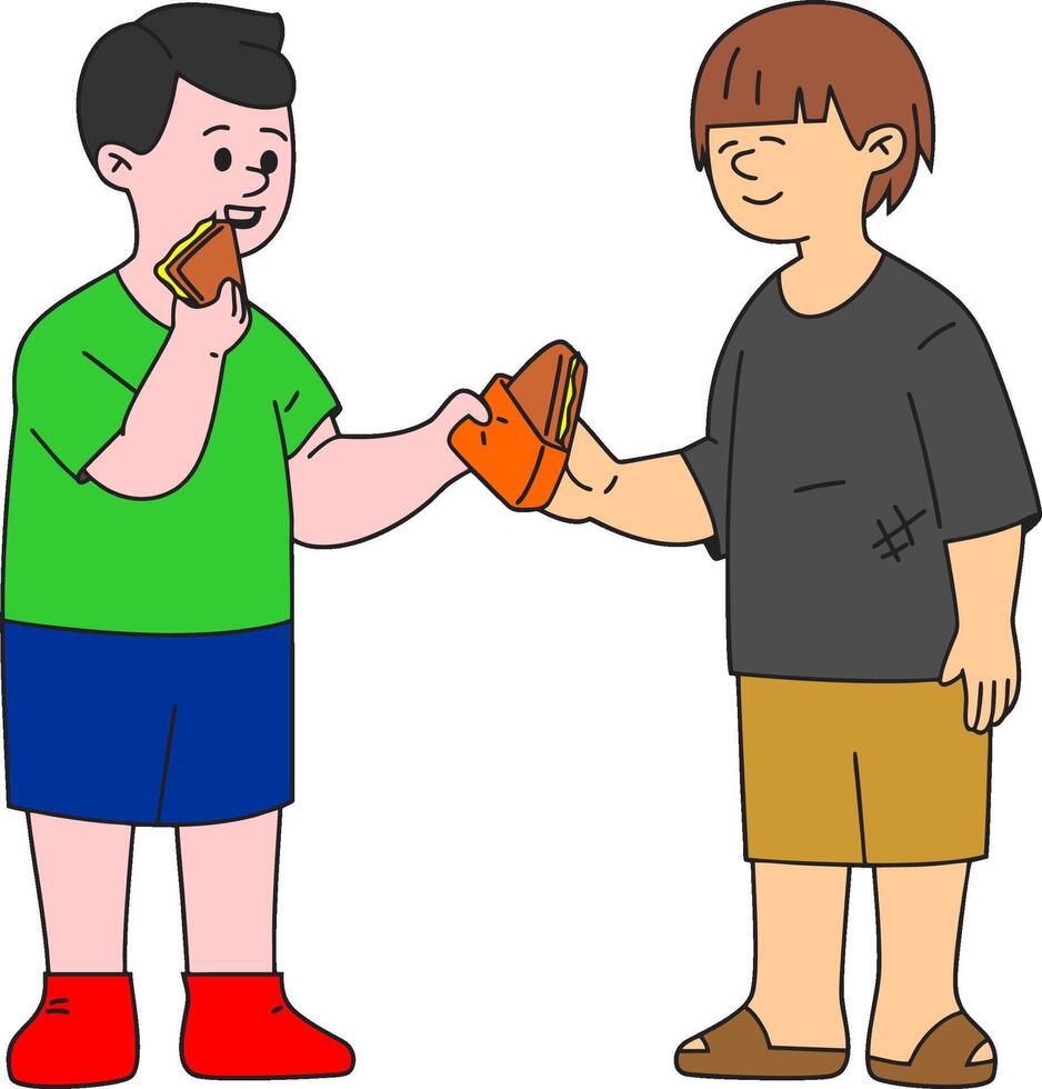 two boys are holding a sandwich and one is giving it to the other vector