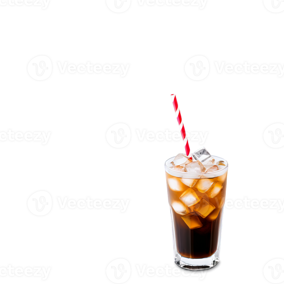 A glass of iced coffee with a red and white straw. The straw is in the middle of the glass and the ice cubes are scattered around the glass. png