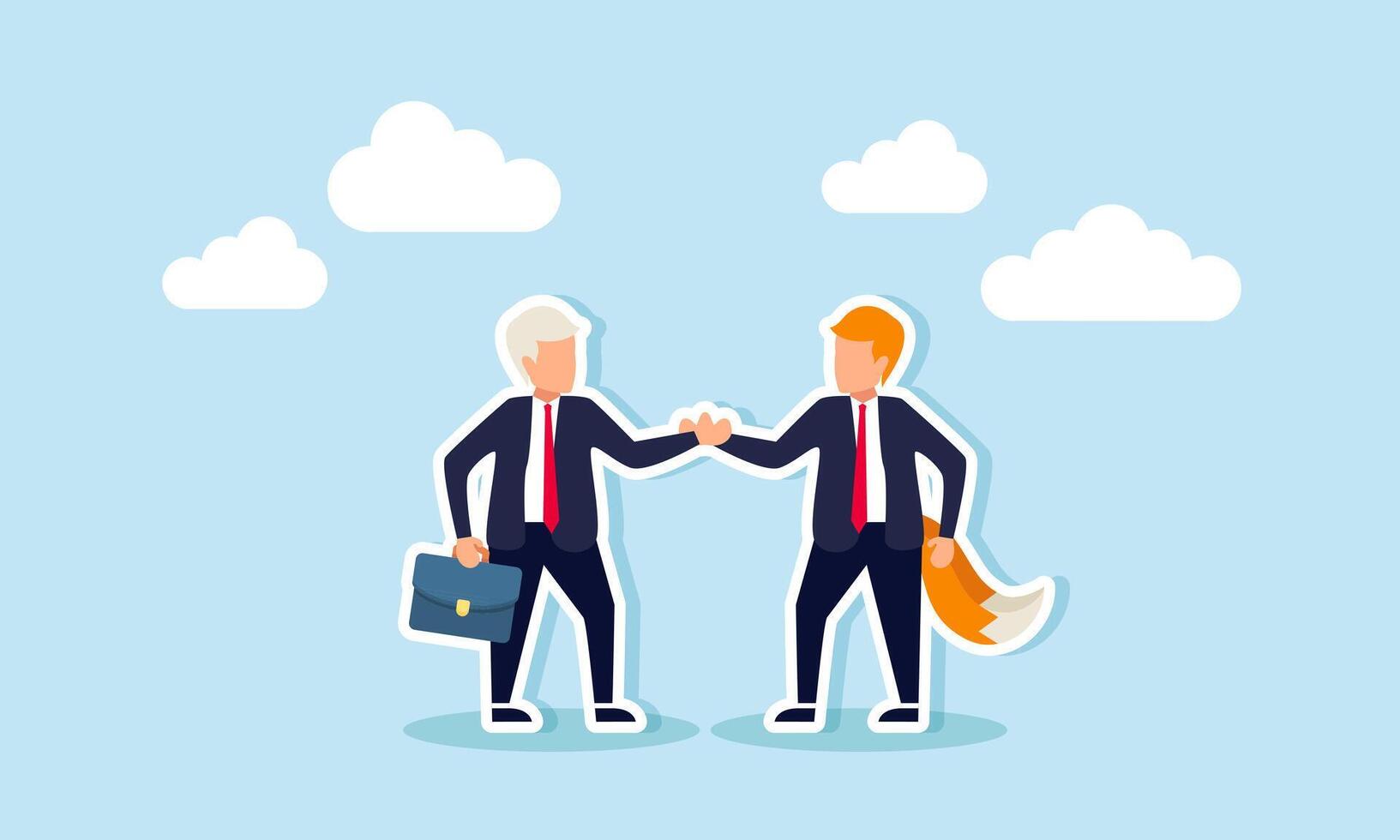 Dishonest deal fraud and scams to exploit partners, cheating business victims, concept of Businessman shakes hands with a sheep victim and a hunter wolf vector