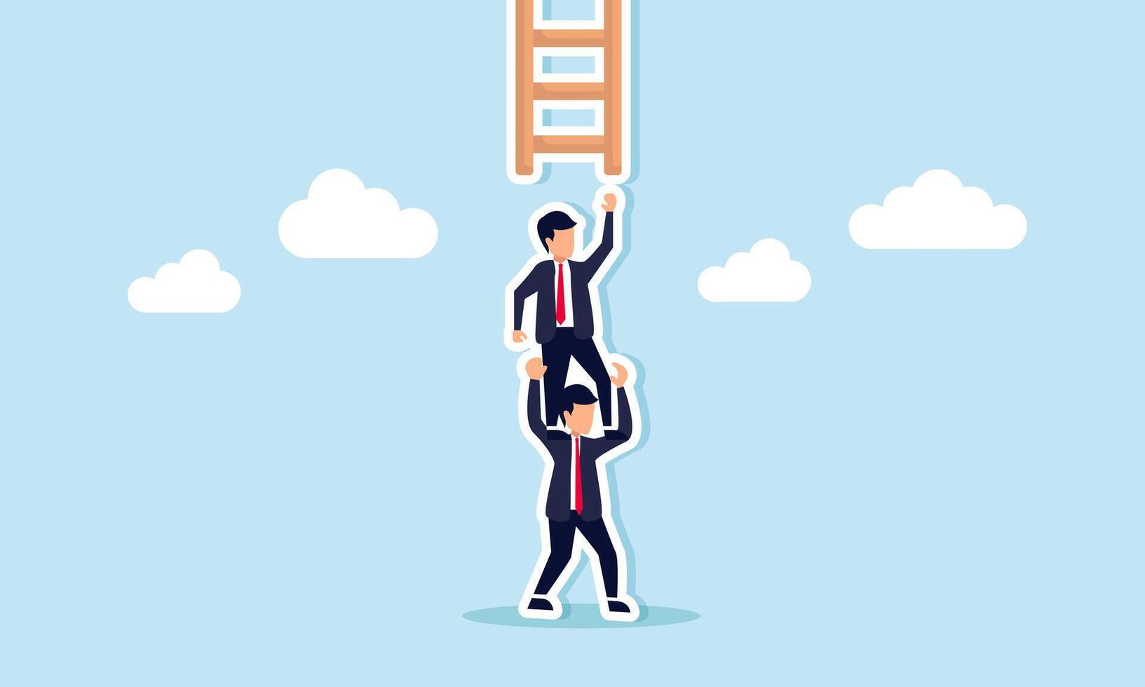 Support and mentorship foster business success, teamwork, and collaboration achieve targets, concept of Businessman supports colleague climbing ladder to success vector