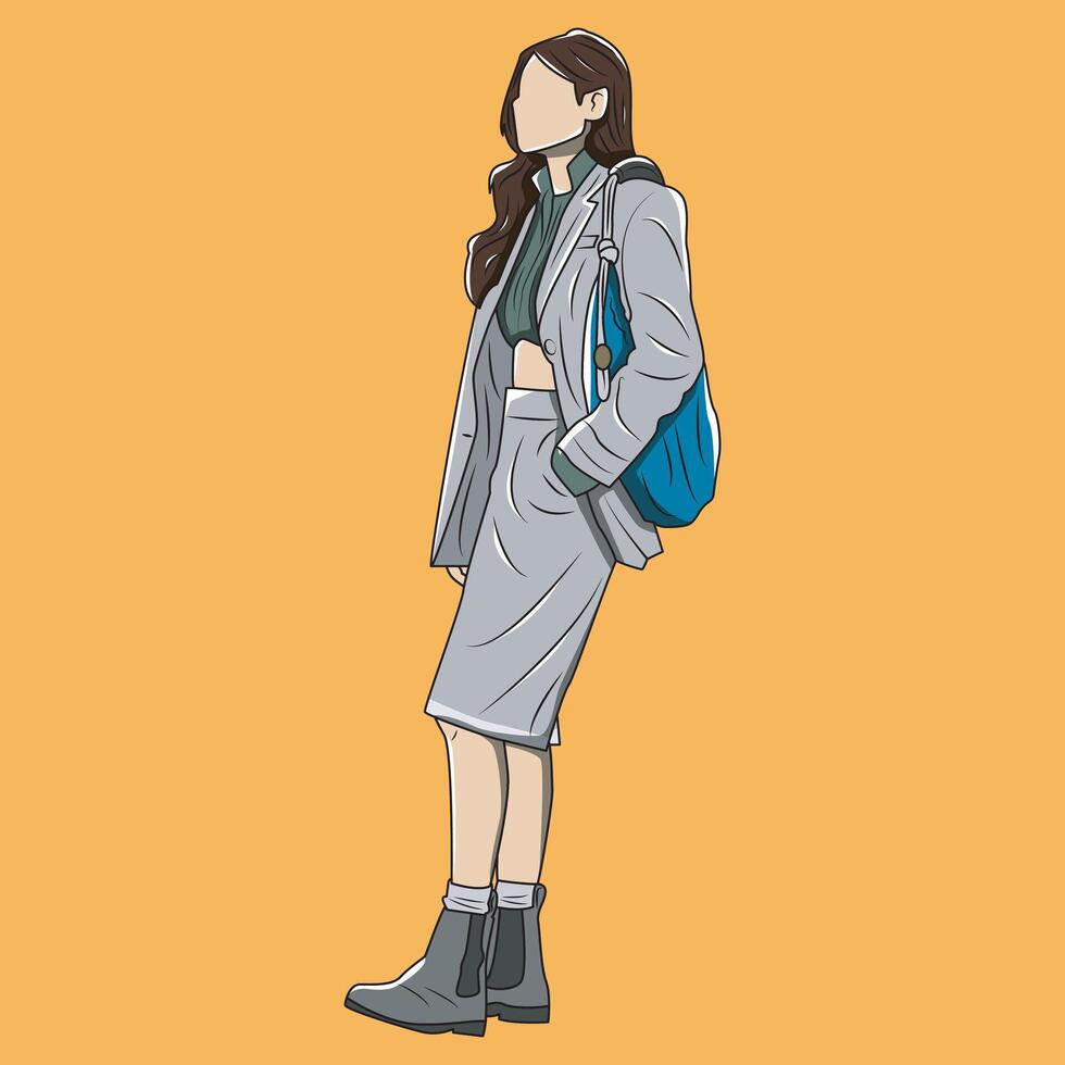 cartoon illustration of a cute woman in semi-formal style carrying a bag vector