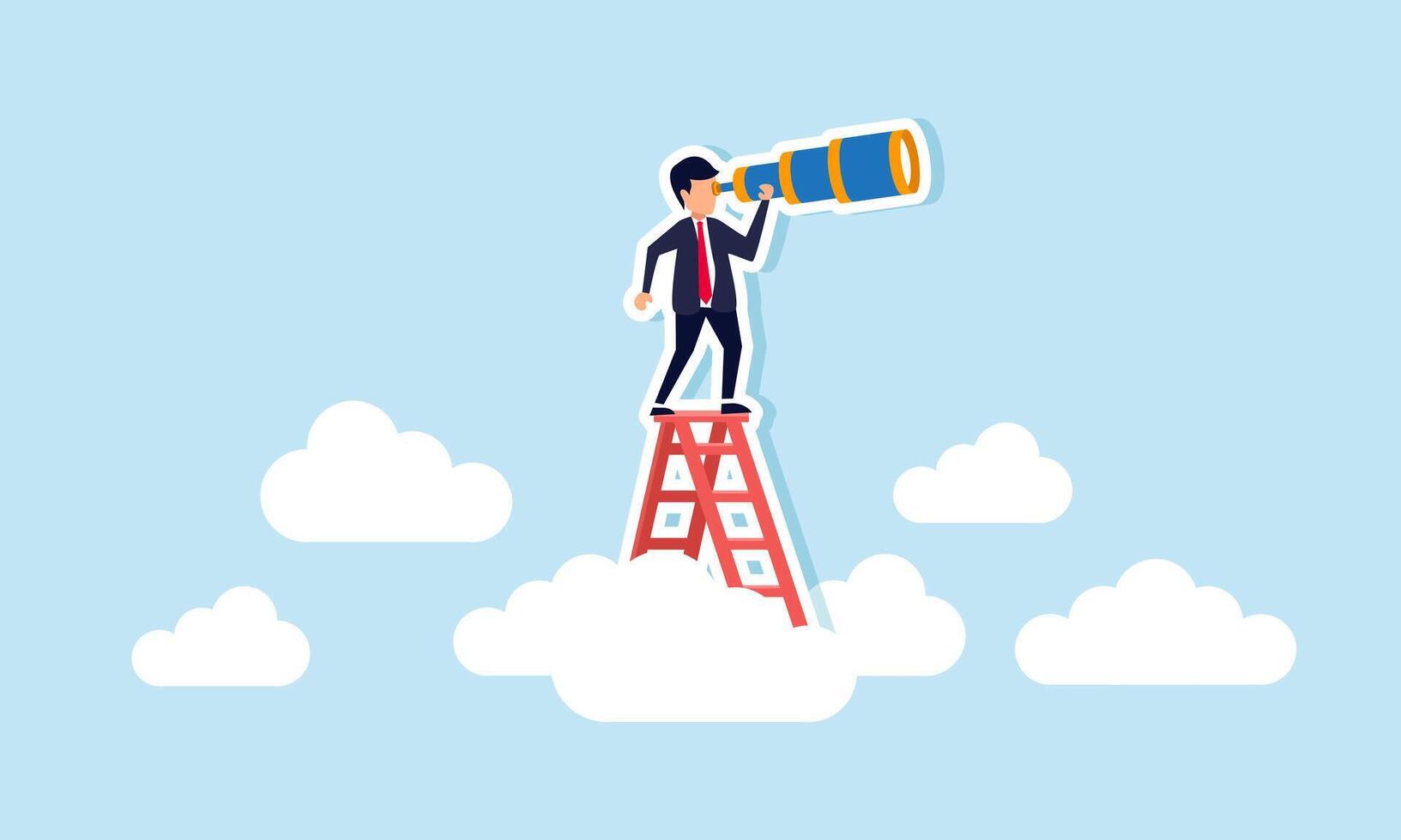 Success ladder seeking business opportunities, new jobs, and career paths, concept of Smart businessman climbs ladder, looking through telescope with vision vector