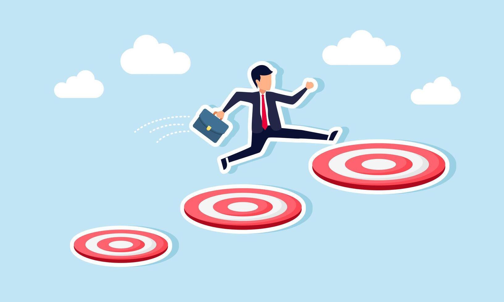 Aspiration and motivation drive business growth and career advancement, concept of Smart businessman jumps onto a bigger, higher archery bulls eye target vector