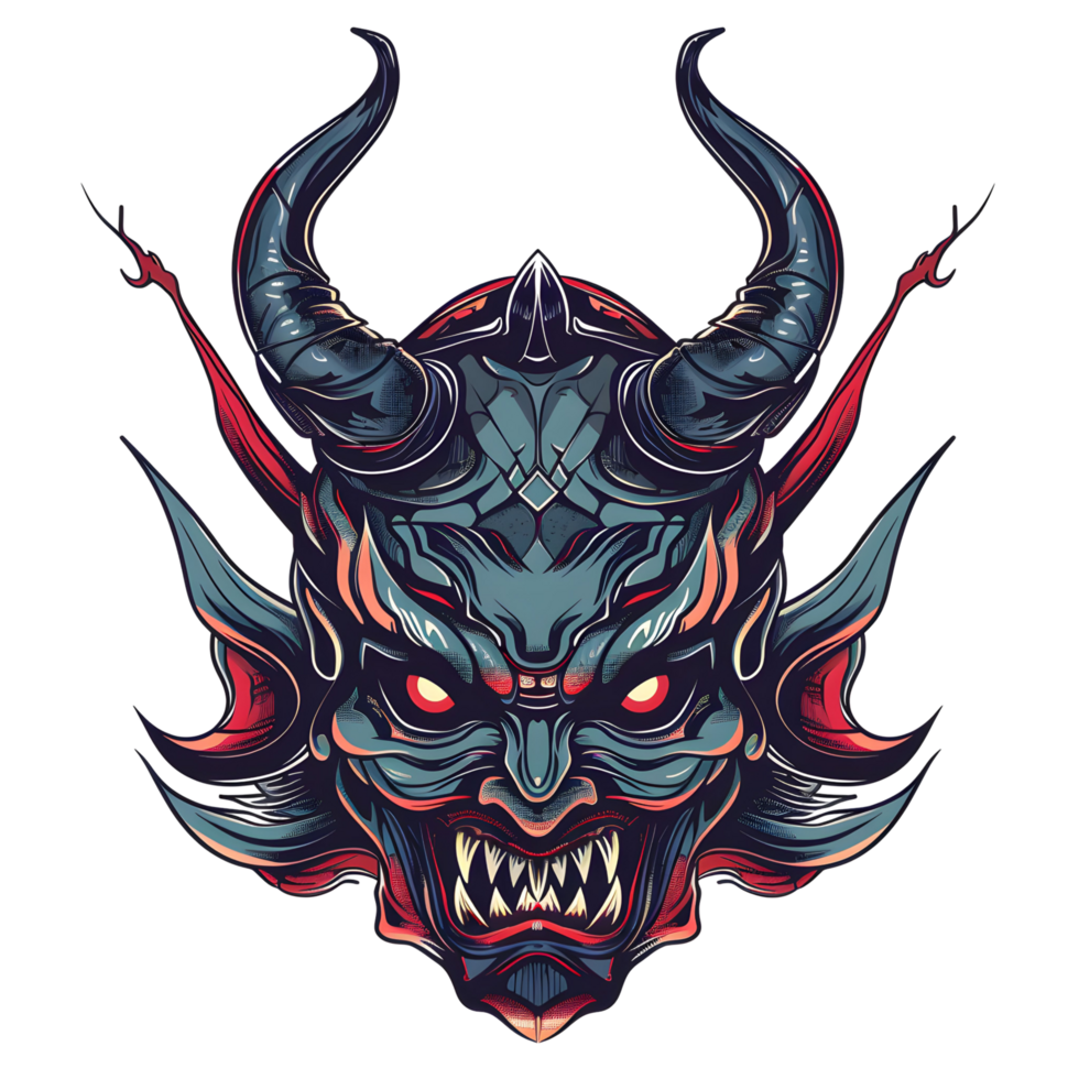 illustration of a traditional Asian dragon mask. It has intricate patterns, sharp fangs, and a central turquoise gemstone. Its vibrant and detailed png