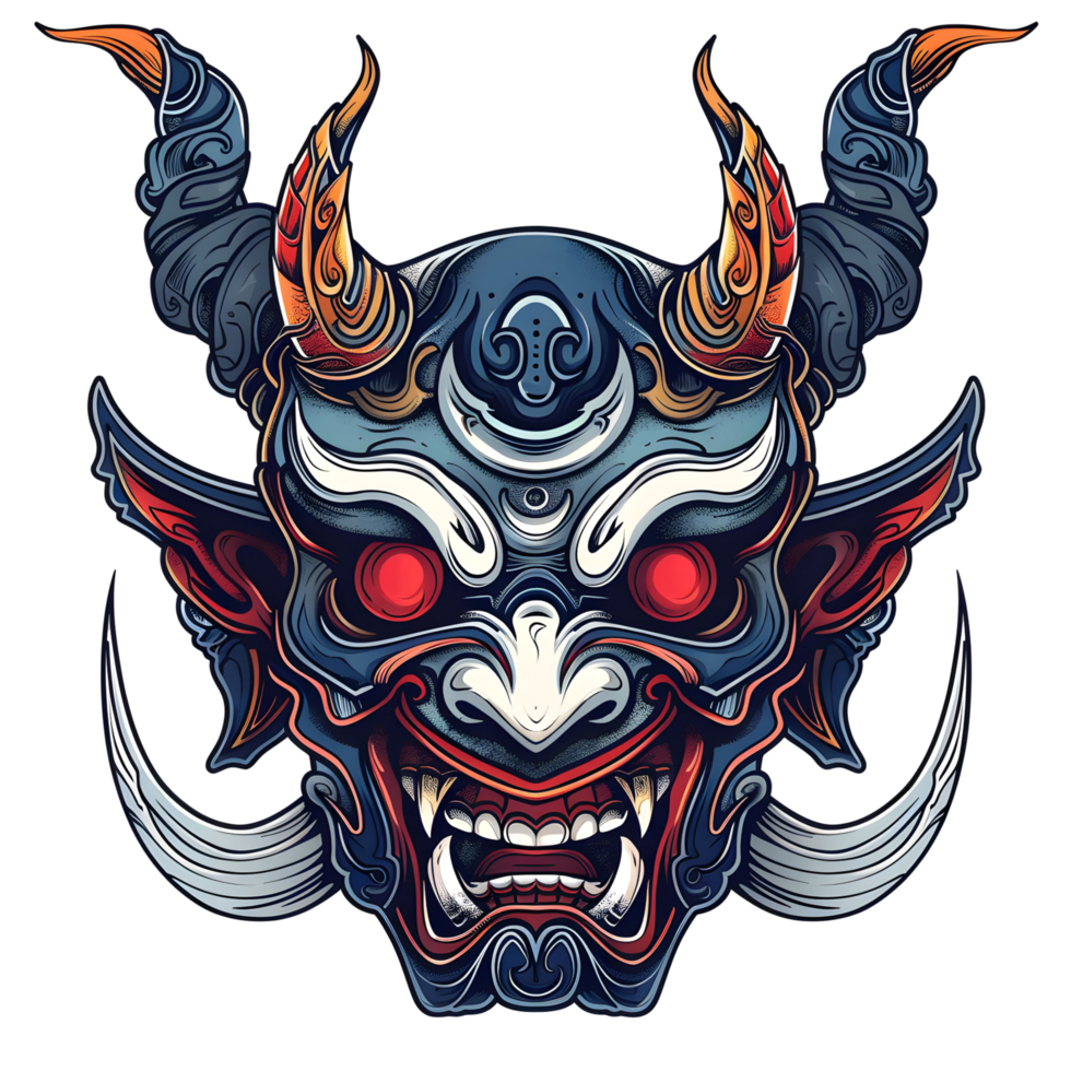 illustration of a traditional Asian dragon mask. It has intricate patterns, sharp fangs, and a central turquoise gemstone. Its vibrant and detailed png