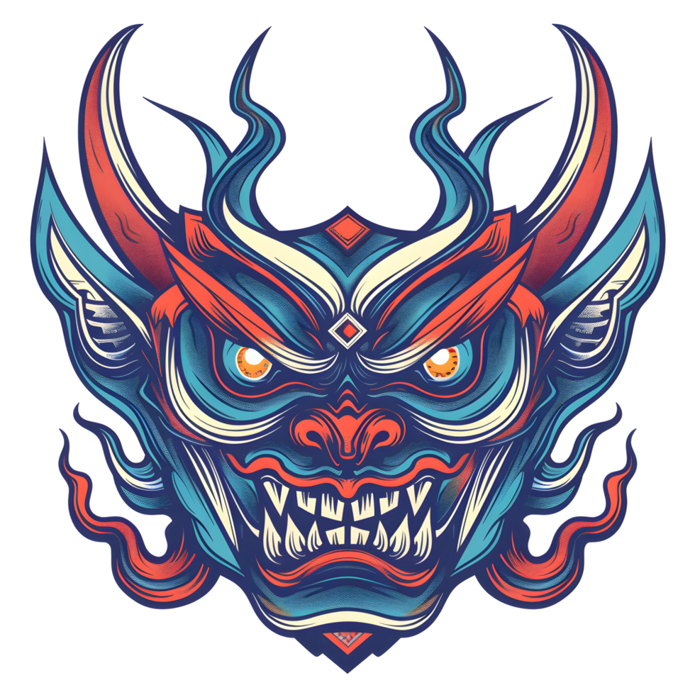 illustration of a traditional Asian dragon mask. It has intricate patterns, sharp fangs, and a central turquoise gemstone. Its vibrant and detailed png