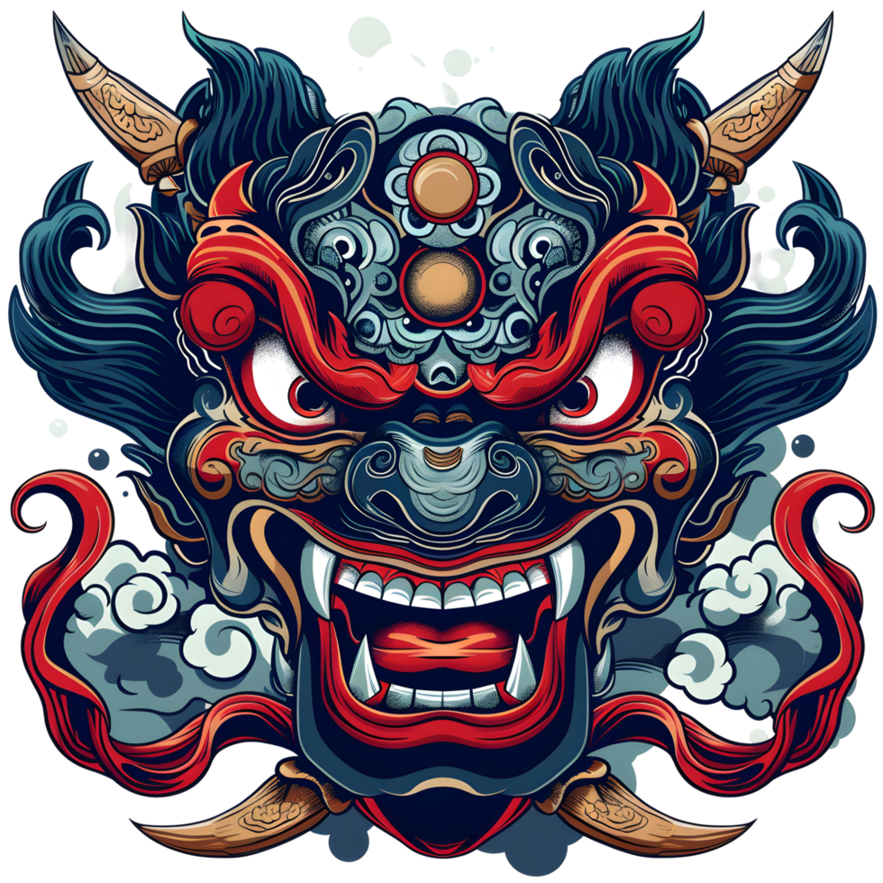 illustration of a traditional Asian dragon mask. It has intricate patterns, sharp fangs, and a central turquoise gemstone. Its vibrant and detailed png