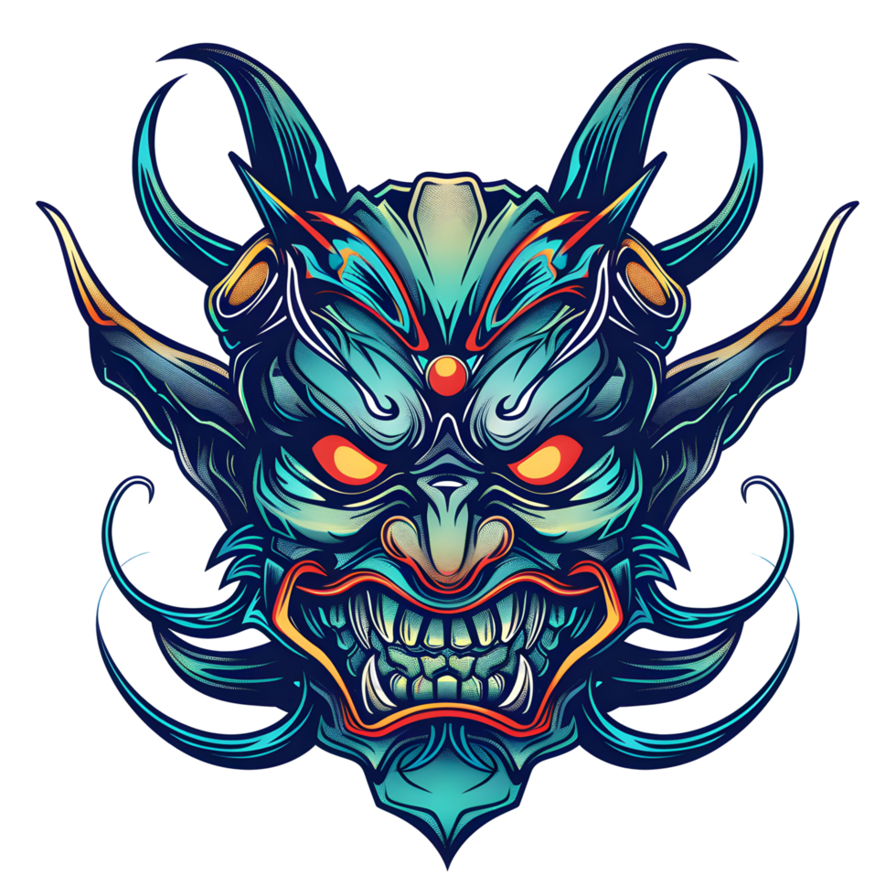 illustration of a traditional Asian dragon mask. It has intricate patterns, sharp fangs, and a central turquoise gemstone. Its vibrant and detailed png