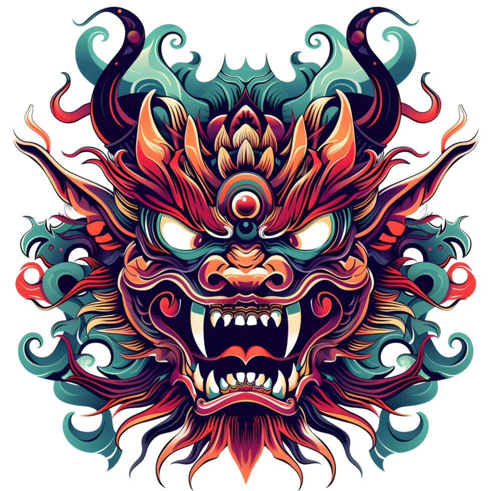 illustration of a traditional Asian dragon mask. It has intricate patterns, sharp fangs, and a central turquoise gemstone. Its vibrant and detailed png