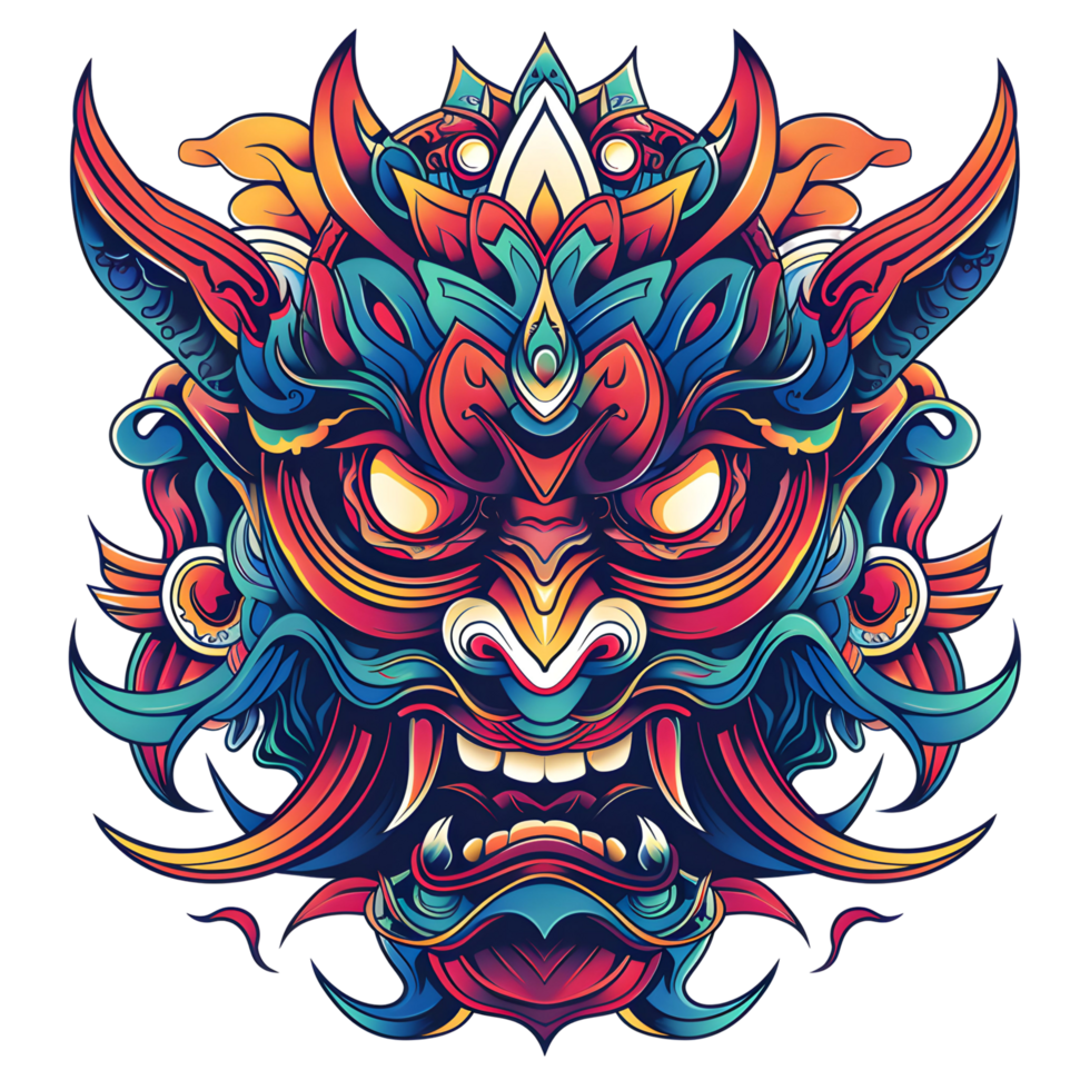 illustration of a traditional Asian dragon mask. It has intricate patterns, sharp fangs, and a central turquoise gemstone. Its vibrant and detailed png