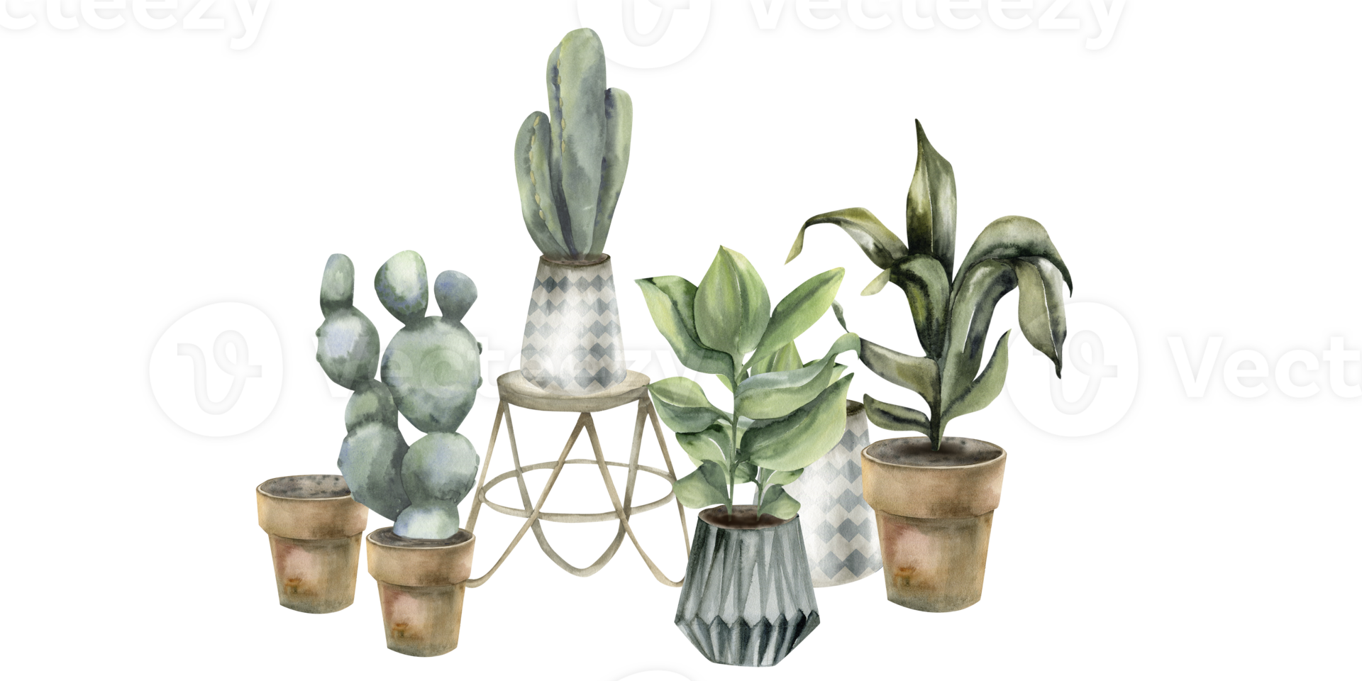 Boho cozy home composition with potted plants and wooden scandy table watercolor illustration. Hand drawn boho interior with floral elements for salon,shop logo design. Cactus and green leaves png