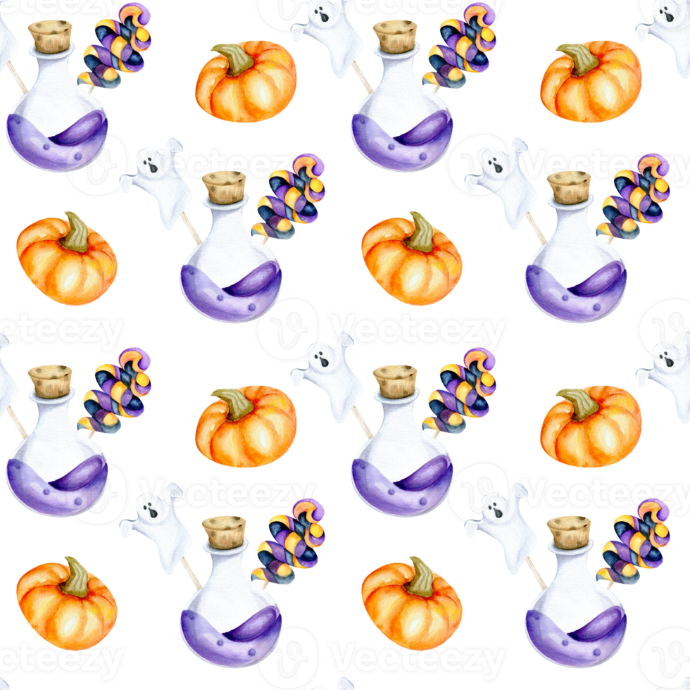 Happy Halloween seamless pattern with pumpkins, violet magic bottle and candy. Watercolor background for october kid's party ,wrapping paper, stationery design. Scary celebration. png