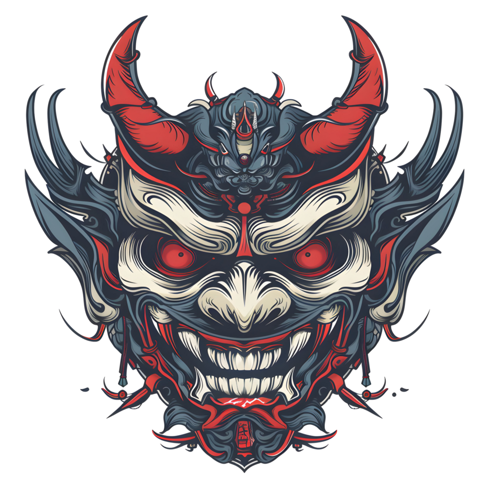 illustration of a traditional Asian dragon mask. It has intricate patterns, sharp fangs, and a central turquoise gemstone. Its vibrant and detailed png