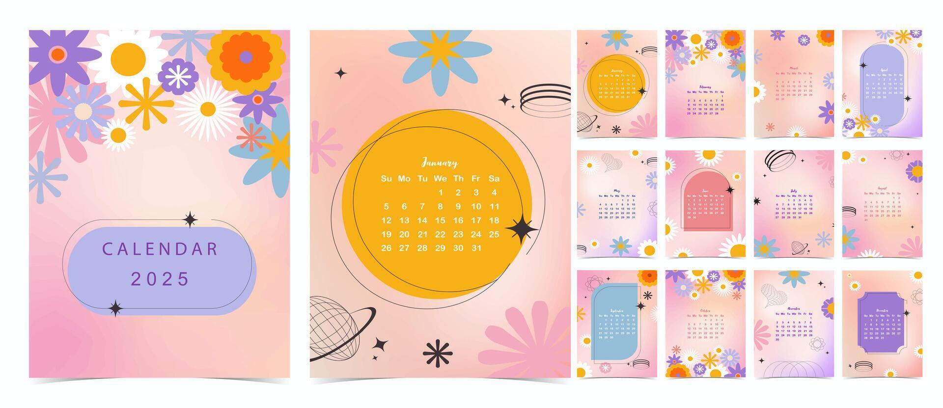 2025 table monthly calendar week start on Sunday with flower that use for vertical digital and printable A4 A5 size vector