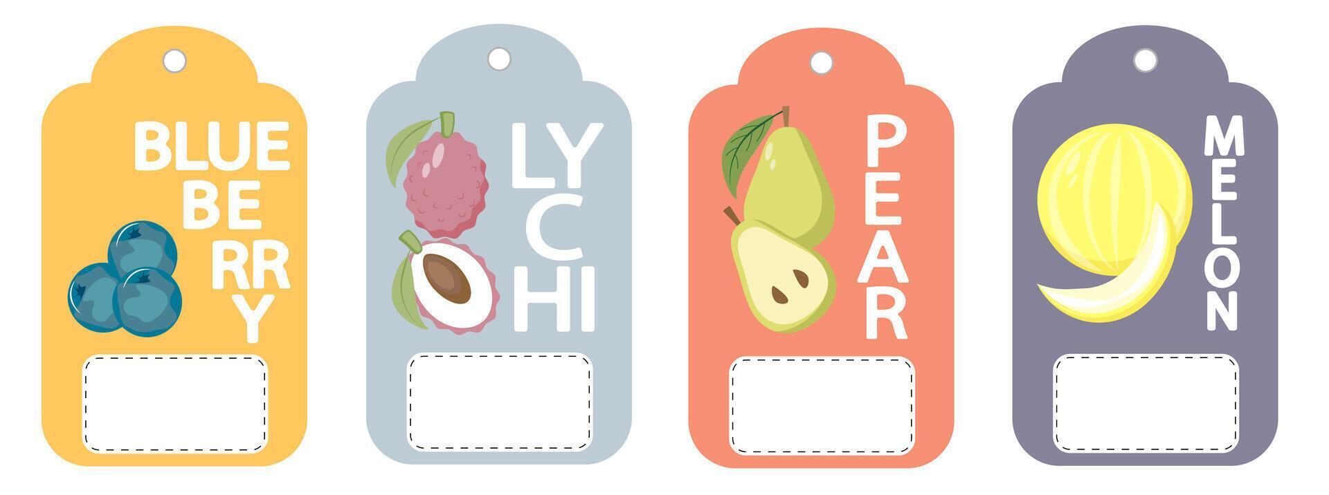Set of labels, price tags of fruit posters in a bright minimalistic style. vector