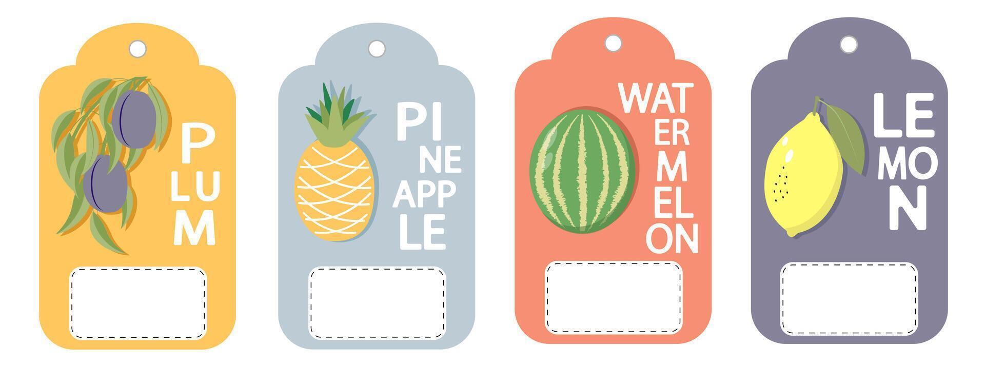Set of labels, price tags of fruit posters in a bright minimalistic style. vector