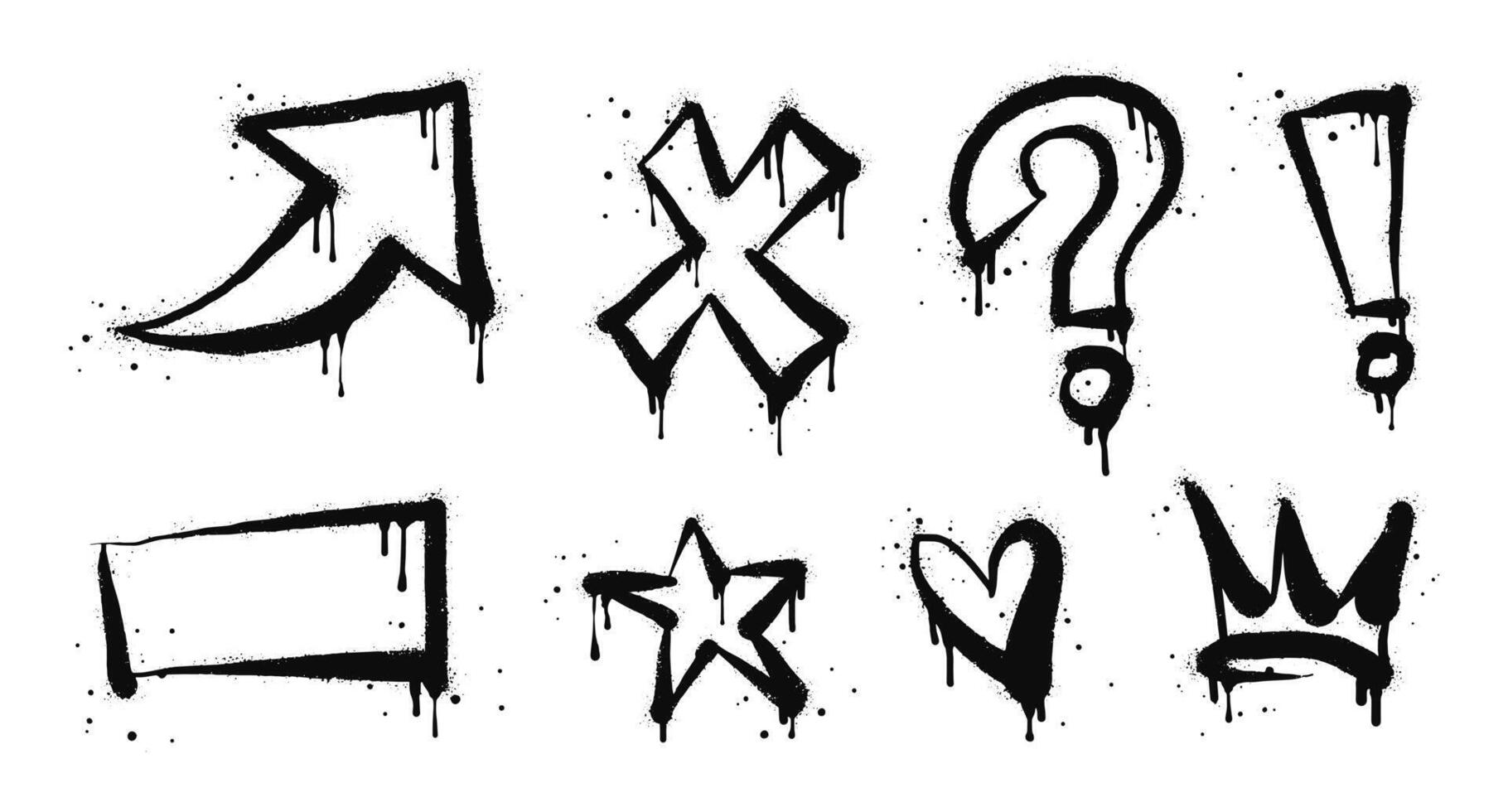 Spray painted graffiti Crown, star, arrow, heart and exclamation point drip symbol. isolated on white background. vector