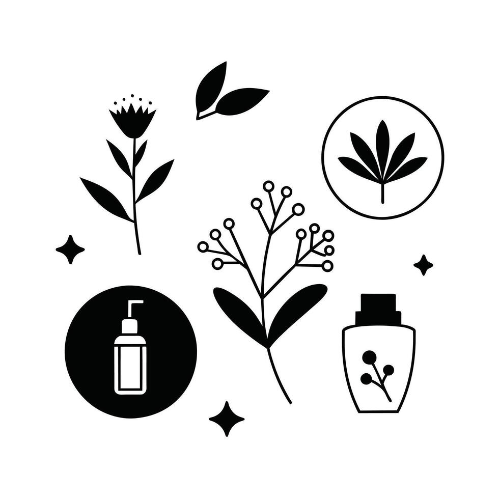 Set of design templates and graphic elements, organic cosmetic, floral black illustration in simple linear hand drawn style, plants and flowers vector