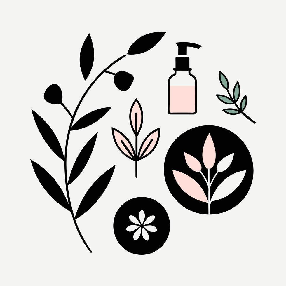 Set of design templates and graphic elements, organic cosmetic, floral black illustration in simple linear hand drawn style, plants and flowers vector