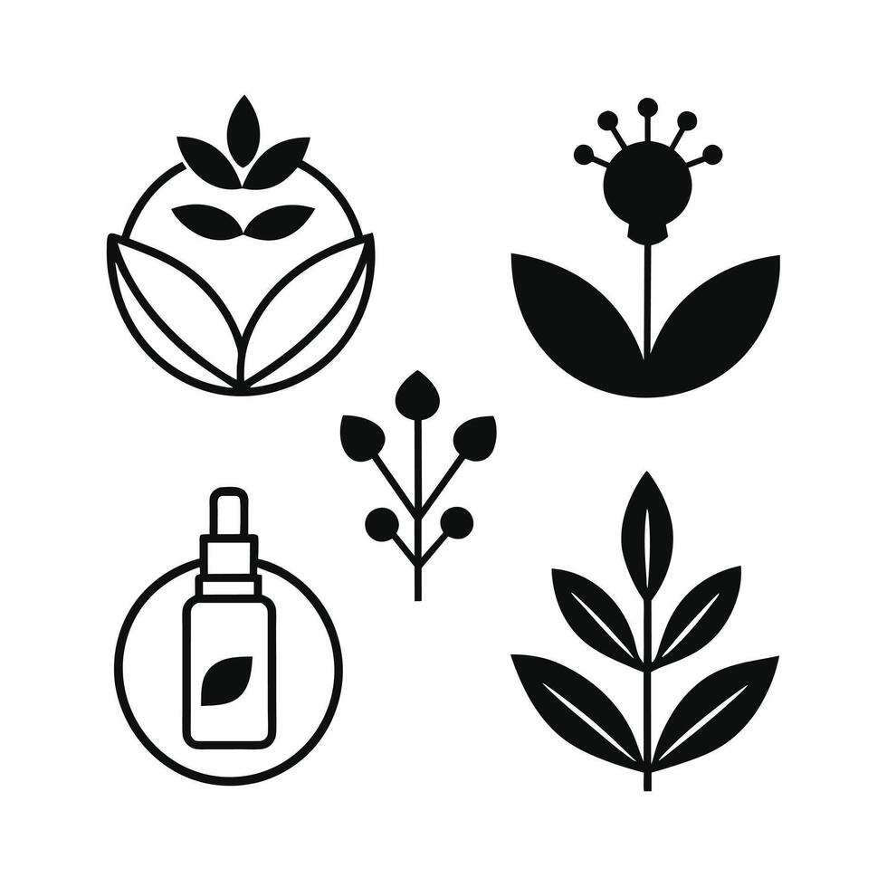 Set of design templates and graphic elements, organic cosmetic, floral black illustration in simple linear hand drawn style, plants and flowers vector