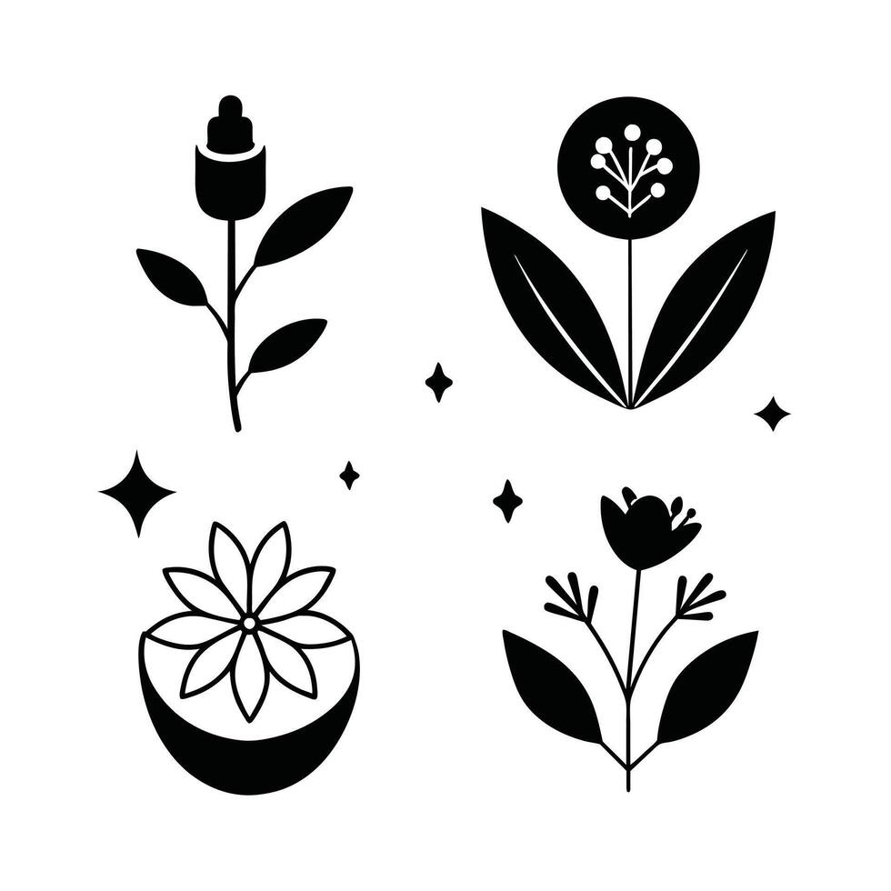 Set of design templates and graphic elements, organic cosmetic, floral black illustration in simple linear hand drawn style, plants and flowers vector